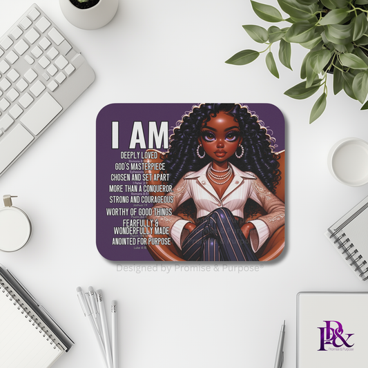 I Am Scripture Affirmation by Promise and Purpose mousepad for faith office desk decor and workspace inspiration