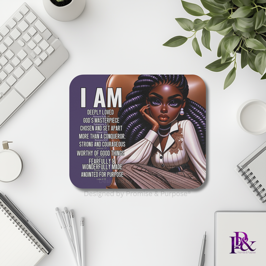 I Am Scripture Affirmation by Promise and Purpose mousepad for faith office desk decor and workspace inspiration