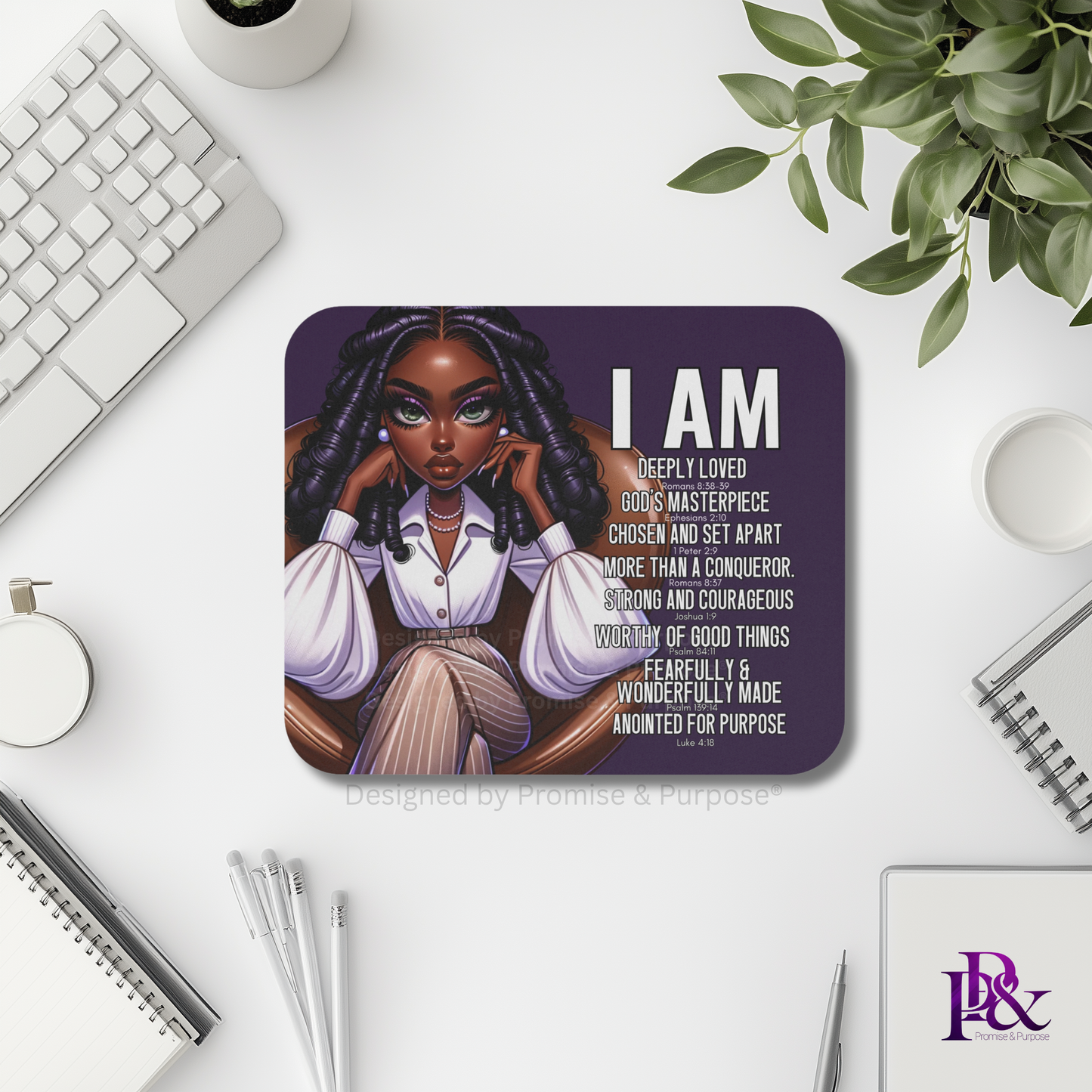 I Am Scripture Affirmation by Promise and Purpose mousepad for faith office desk decor and workspace inspiration