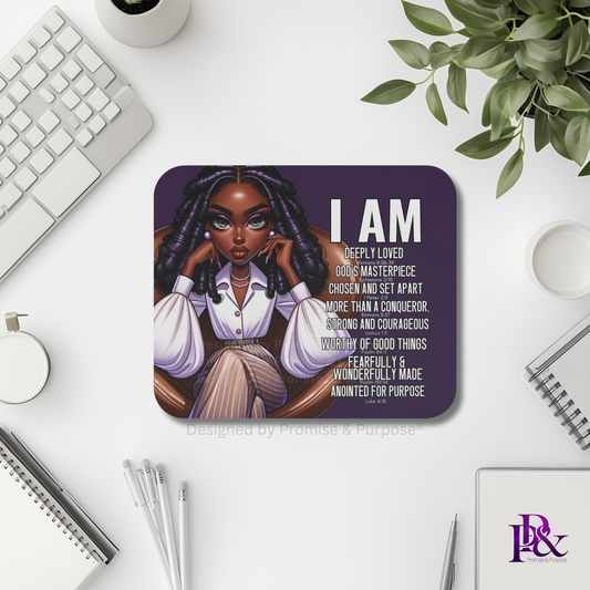 I Am Scripture Affirmation by Promise and Purpose mousepad for faith office desk decor and workspace inspiration