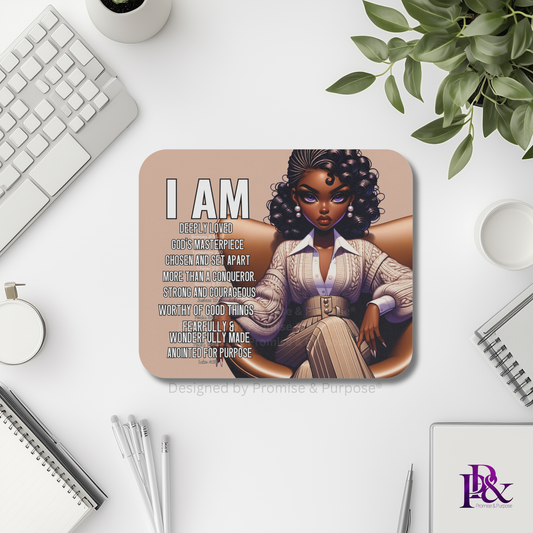 I Am Scripture Affirmation by Promise and Purpose mousepad for faith office desk decor and workspace inspiration
