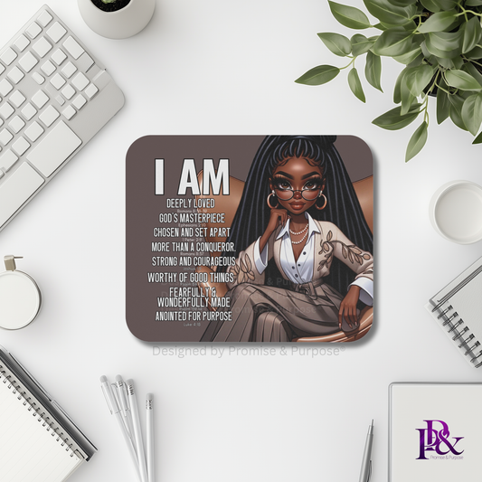 I Am Scripture Affirmation by Promise and Purpose mousepad for faith office desk decor and workspace inspiration