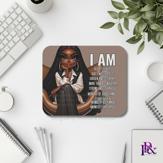 I Am Scripture Affirmation by Promise and Purpose mousepad for faith office desk decor and workspace inspiration