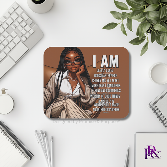 I Am Scripture Affirmation by Promise and Purpose mousepad for faith office desk decor and workspace inspiration