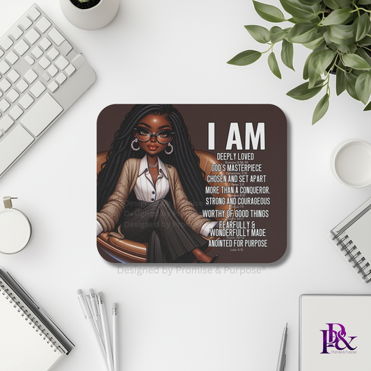 I Am Scripture Affirmation by Promise and Purpose mousepad for faith office desk decor and workspace inspiration