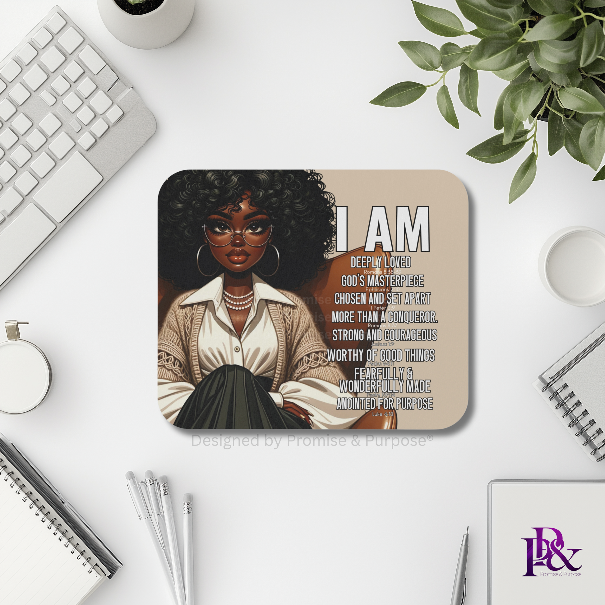I Am Scripture Affirmation by Promise and Purpose mousepad for faith office desk decor and workspace inspiration