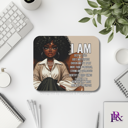 I Am Scripture Affirmation by Promise and Purpose mousepad for faith office desk decor and workspace inspiration