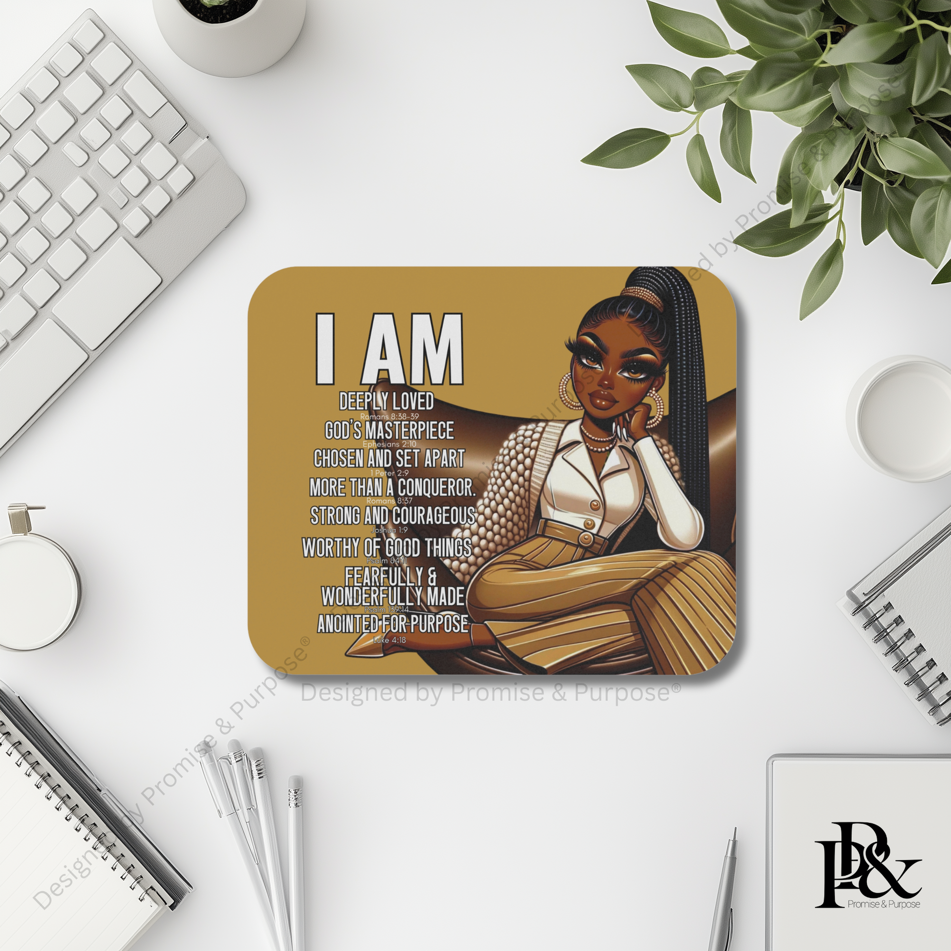 I Am Scripture Affirmation by Promise and Purpose mousepad for faith office desk decor and workspace inspiration