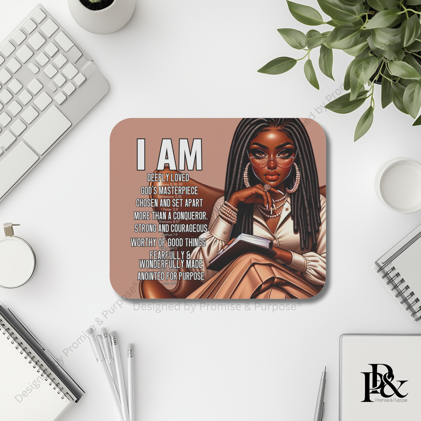 I Am Scripture Affirmation by Promise and Purpose mousepad for faith office desk decor and workspace inspiration