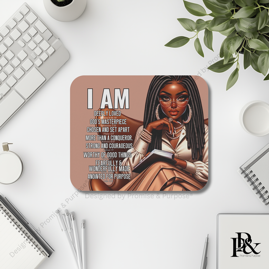 I Am Scripture Affirmation by Promise and Purpose mousepad for faith office desk decor and workspace inspiration