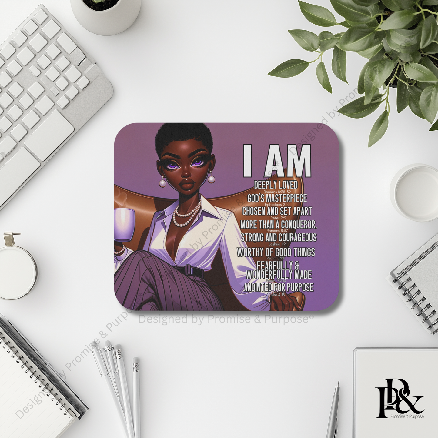 I Am Scripture Affirmation by Promise and Purpose mousepad for faith office desk decor and workspace inspiration