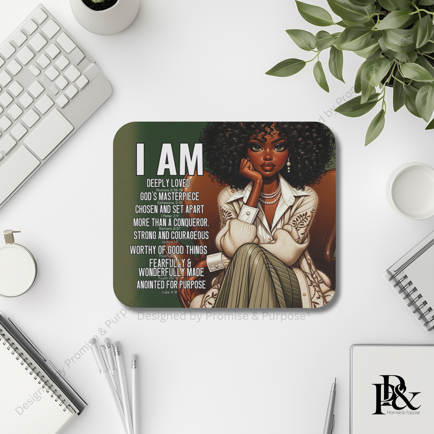 I Am Scripture Affirmation by Promise and Purpose mousepad for faith office desk decor and workspace inspiration