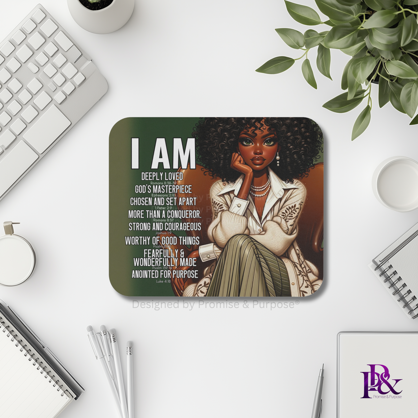 I Am Scripture Affirmation by Promise and Purpose mousepad for faith office desk decor and workspace inspiration