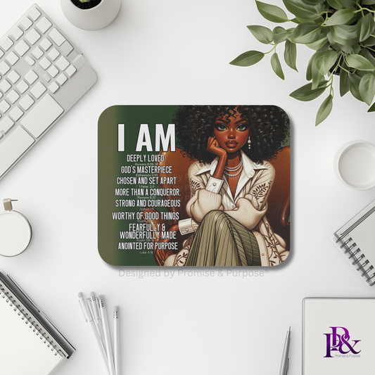 I Am Scripture Affirmation by Promise and Purpose mousepad for faith office desk decor and workspace inspiration