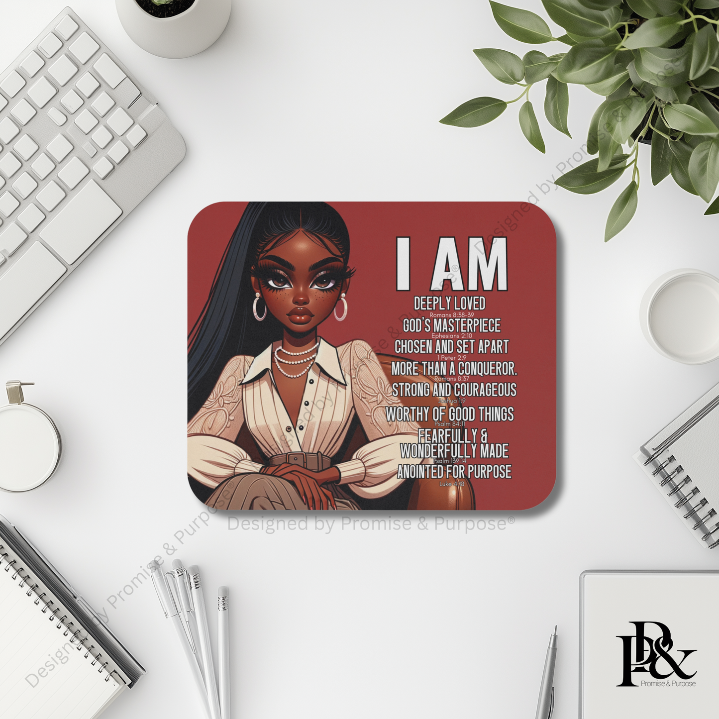 I Am Scripture Affirmation by Promise and Purpose mousepad for faith office desk decor and workspace inspiration