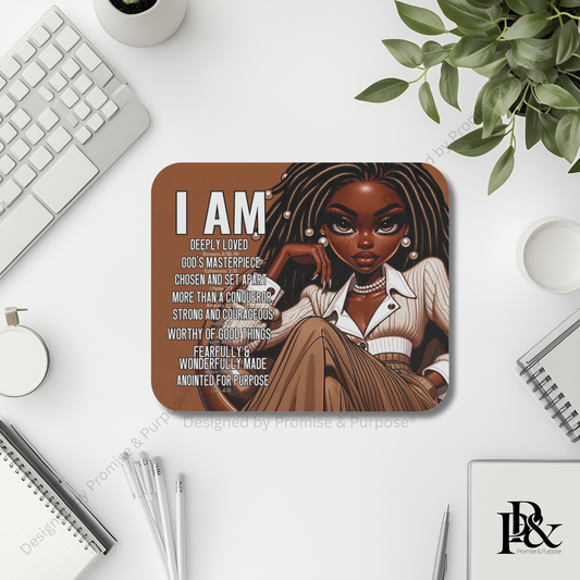 I Am Scripture Affirmation by Promise and Purpose mousepad for faith office desk decor and workspace inspiration
