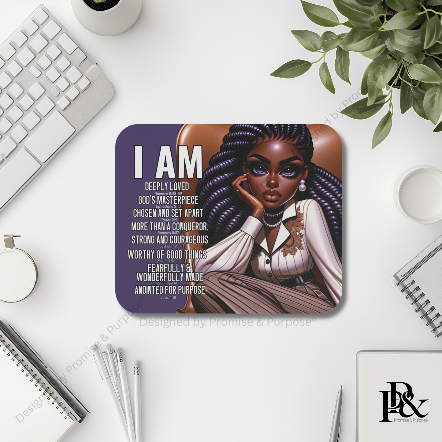 I Am Scripture Affirmation by Promise and Purpose mousepad for faith office desk decor and workspace inspiration