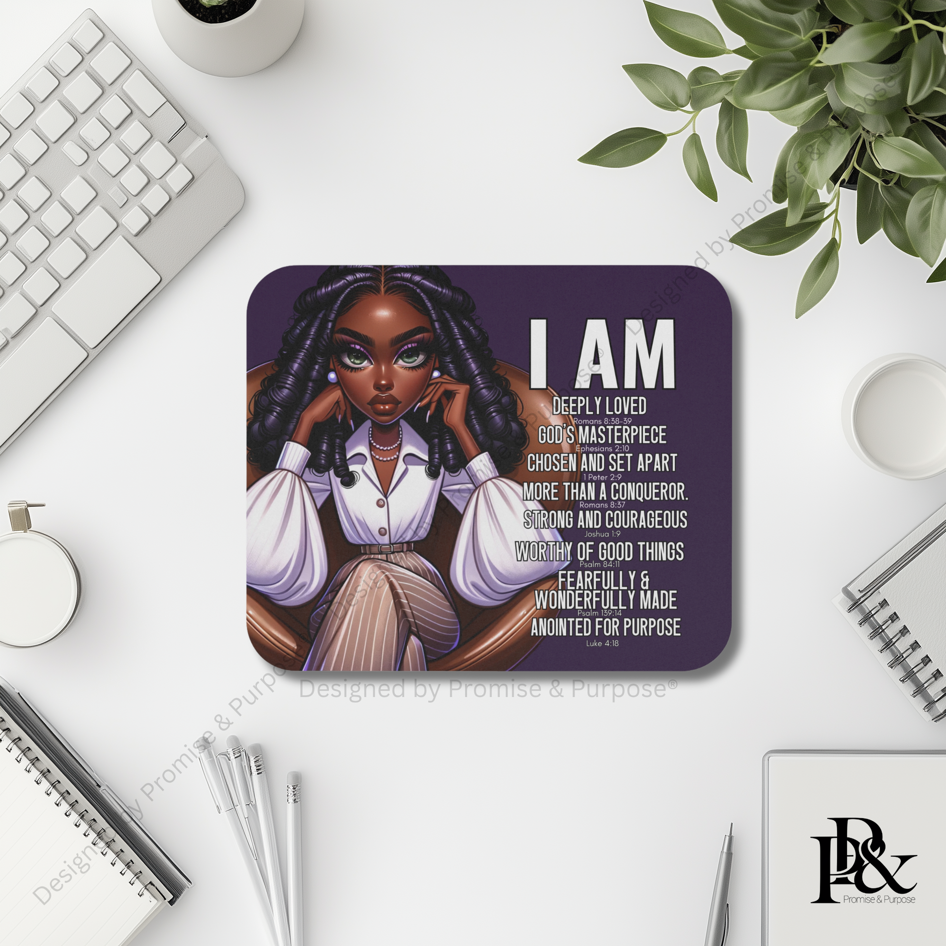I Am Scripture Affirmation by Promise and Purpose mousepad for faith office desk decor and workspace inspiration