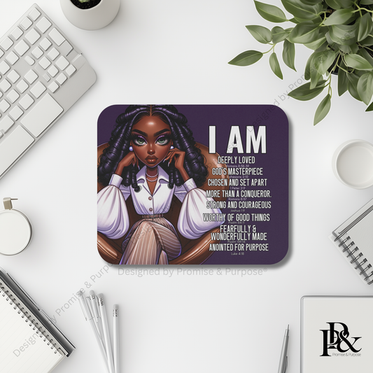I Am Scripture Affirmation by Promise and Purpose mousepad for faith office desk decor and workspace inspiration