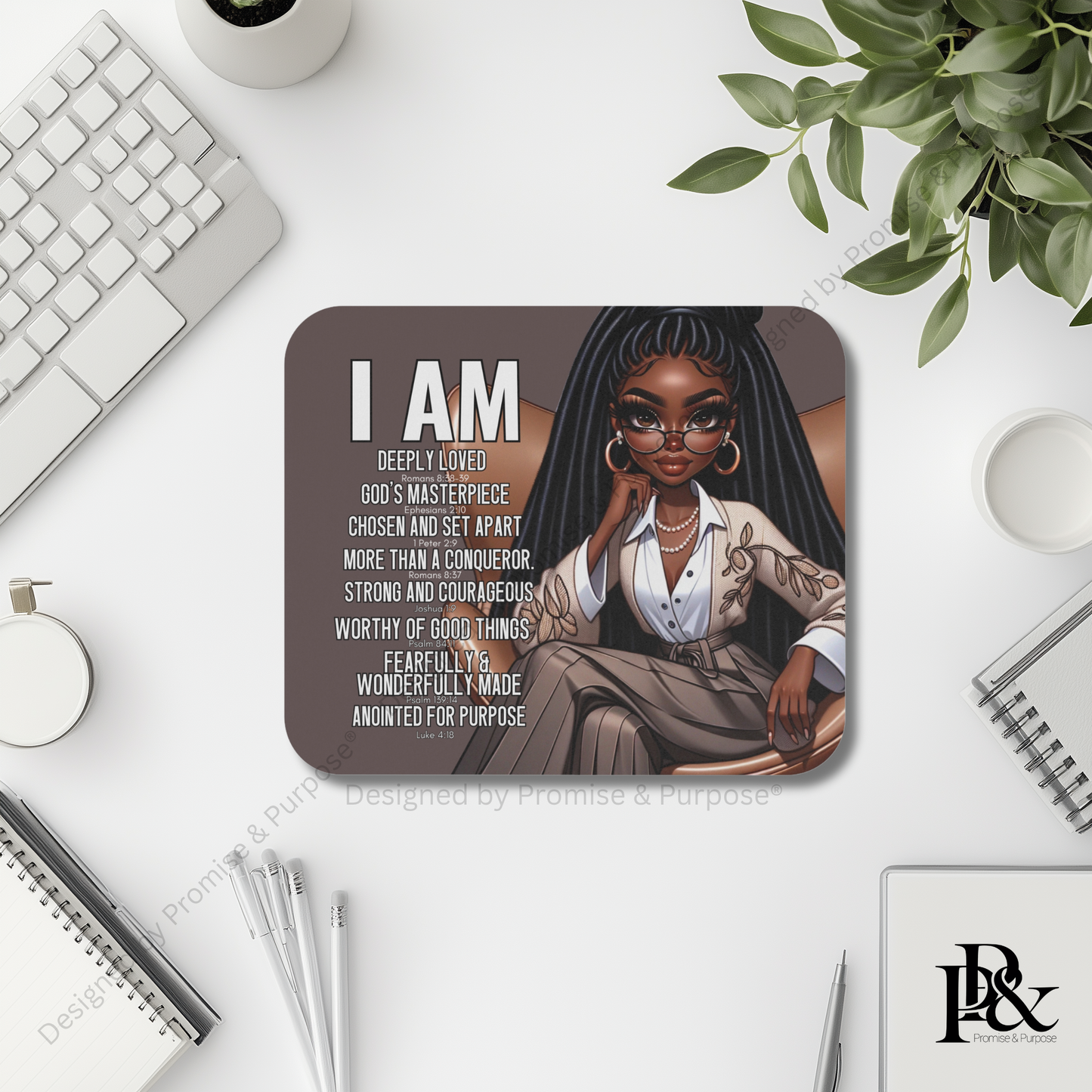I Am Scripture Affirmation by Promise and Purpose mousepad for faith office desk decor and workspace inspiration