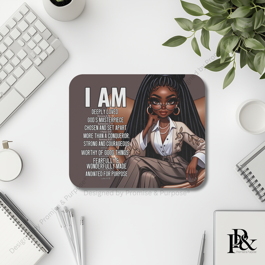 I Am Scripture Affirmation by Promise and Purpose mousepad for faith office desk decor and workspace inspiration