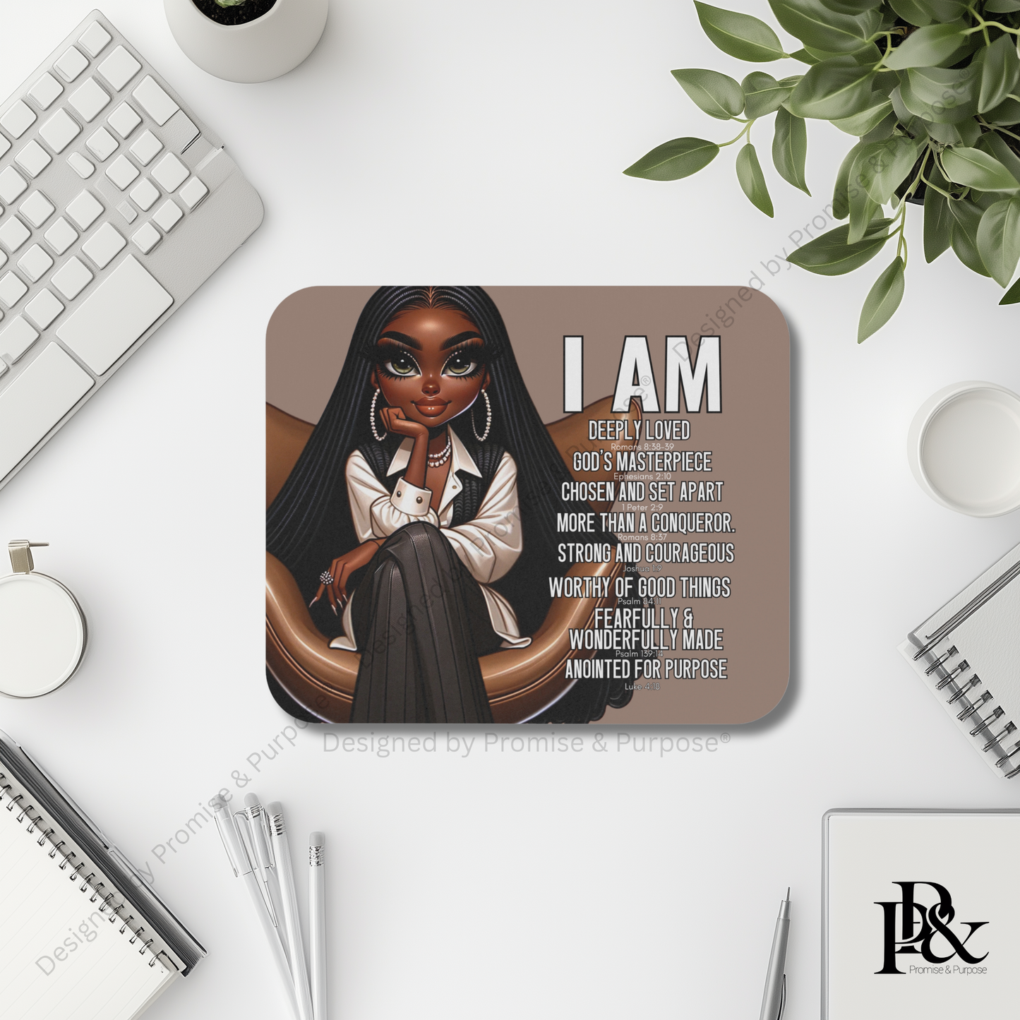I Am Scripture Affirmation by Promise and Purpose mousepad for faith office desk decor and workspace inspiration