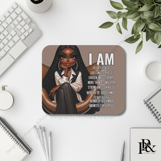 I Am Scripture Affirmation by Promise and Purpose mousepad for faith office desk decor and workspace inspiration