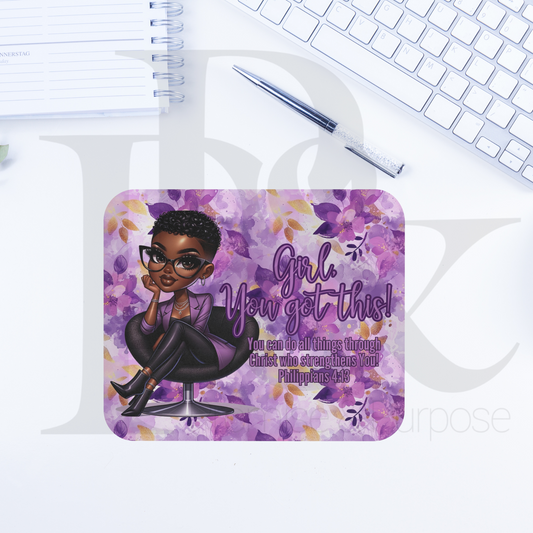 Girl You Got This Collection - Black Short Purple Flowers Curly Hair Mousepad - YGTW01PURPF