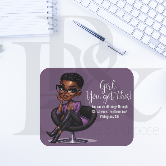 Girl You Got This Collection - Black Short Purple Curly Hair Mousepad - YGTW01PURP