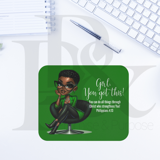 Girl You Got This Collection - Black Short Green Curly Hair Mousepad - YGTW01GRN