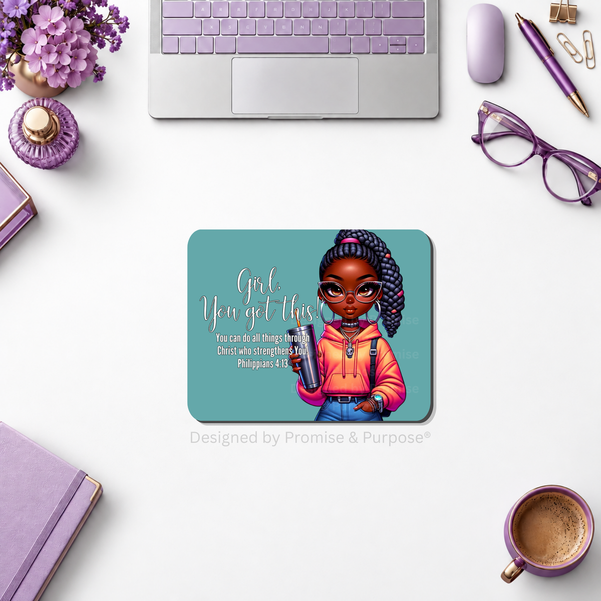 The Original Girl You Got This™ Gamer Mousepad by Promise & Purpose®, featuring a Black woman gamer wearing headphones with Philippians 4:13.