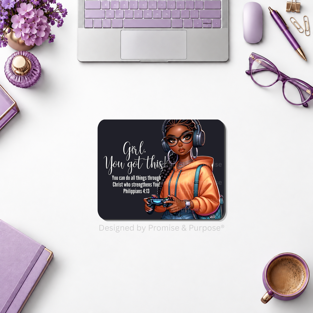 Girl You Got This™ gamer mousepad featuring a Black woman gamer wearing headphones with Philippians 4:13.