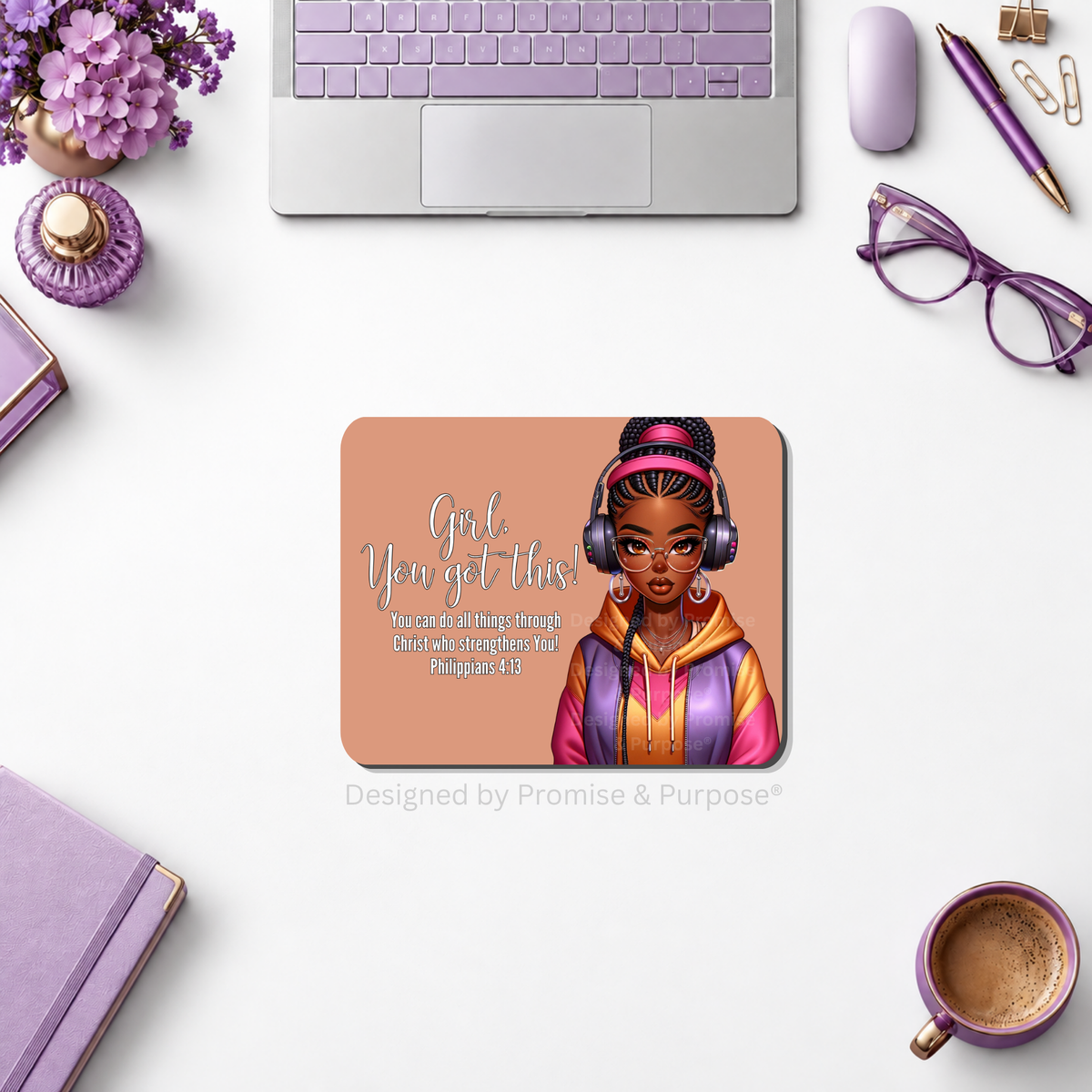 Girl You Got This™ gamer mousepad featuring a Black woman gamer wearing headphones with Philippians 4:13.