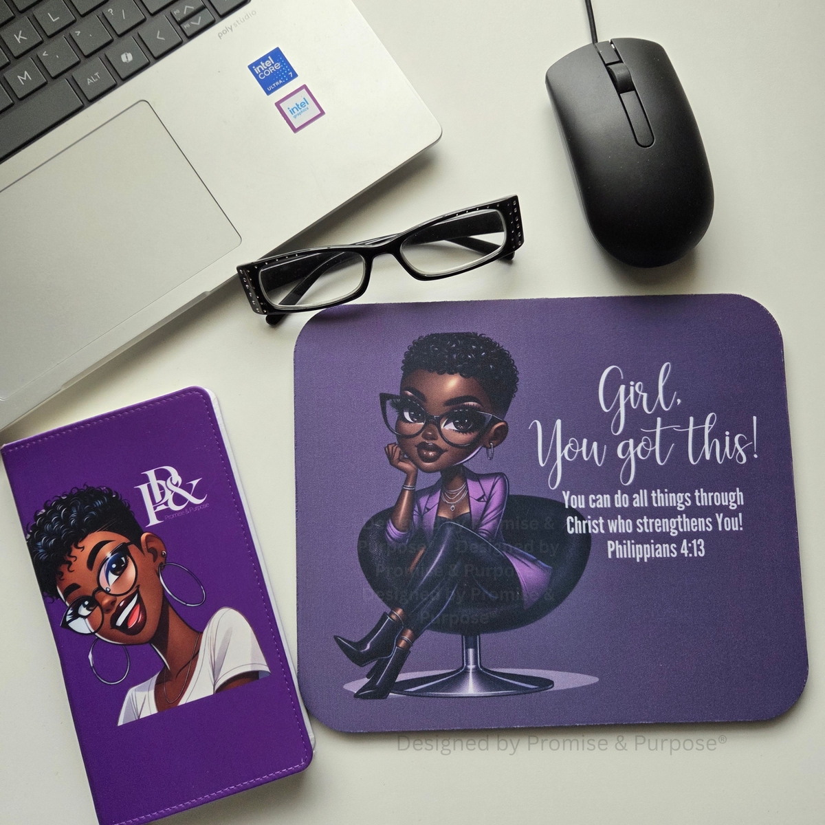 The Original Girl You Got This™ inspirational mousepad for women featuring a business professional woman seated in a chair with Philippians 4:13.