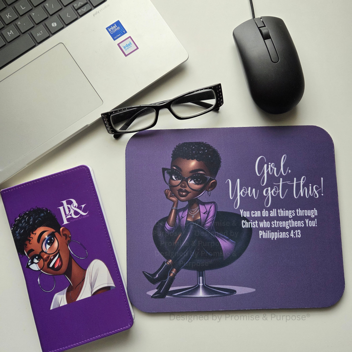 The Original Girl You Got This™ inspirational mousepad for women featuring a business professional woman seated in a chair with Philippians 4:13.