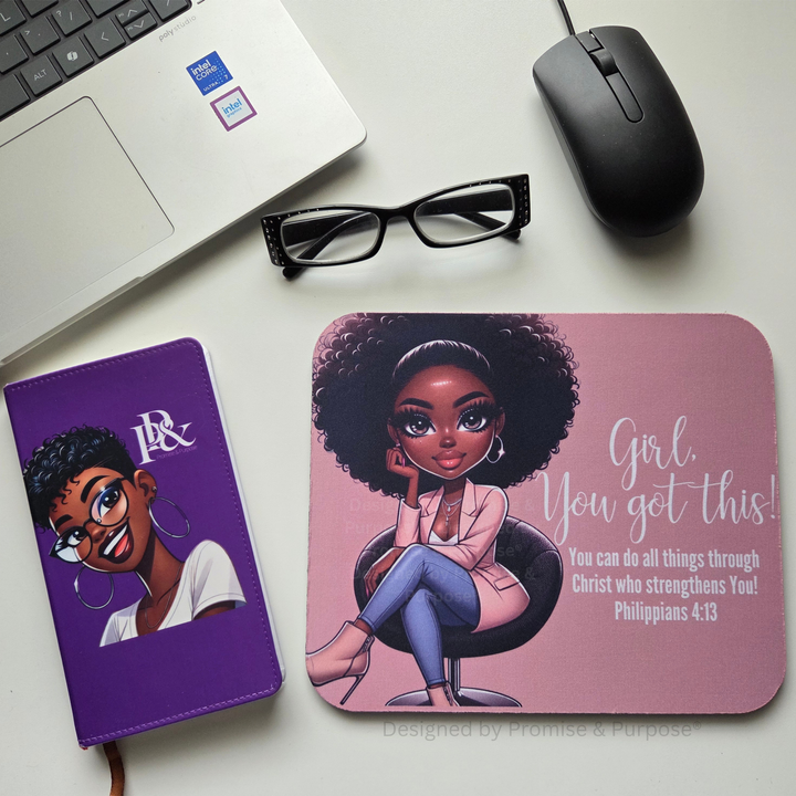 The Original Girl You Got This™ Business Professional inspirational mousepad for women by Promise & Purpose®, featuring a woman wearing a blazer and seated in a chair with Philippians 4:13 Scripture.