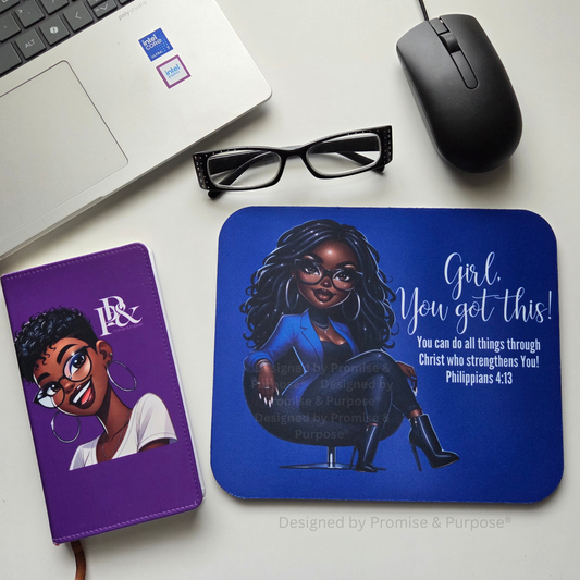 The Original Girl You Got This™ Business Professional inspirational mousepad for women by Promise & Purpose®, featuring a woman wearing a blazer and seated in a chair with Philippians 4:13 Scripture.
