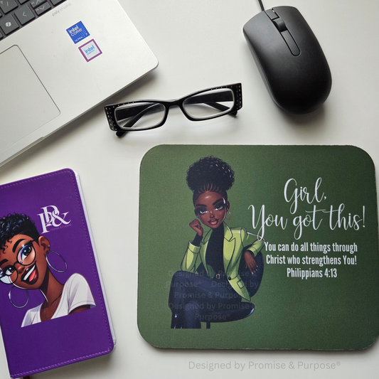 The Original Girl You Got This™ Business Professional inspirational mousepad for women by Promise & Purpose®, featuring a woman wearing a blazer and seated in a chair with Philippians 4:13 Scripture.