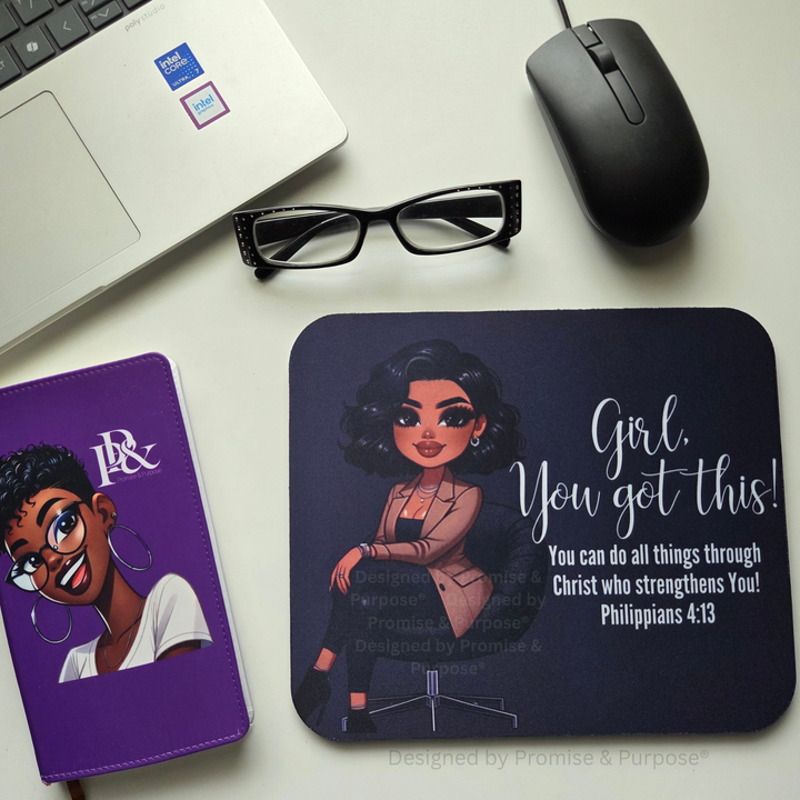 The Original Girl You Got This™ Business Professional inspirational mousepad for women by Promise & Purpose®, featuring a woman wearing a blazer and seated in a chair with Philippians 4:13 Scripture.