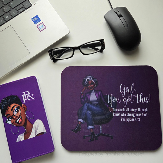 The Original Girl You Got This™ Business Professional inspirational mousepad for women by Promise & Purpose®, featuring a woman wearing a blazer and seated in a chair with Philippians 4:13 Scripture.