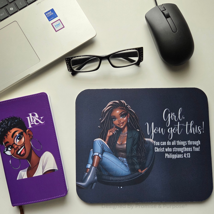 The Original Girl You Got This™ inspirational mousepad for women featuring a business professional woman seated in a chair with Philippians 4:13.