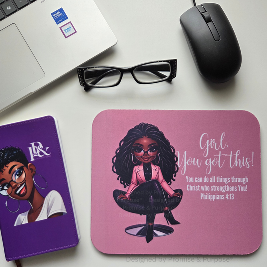 The Original Girl You Got This™ inspirational mousepad for women featuring a business professional woman seated in a chair with Philippians 4:13.