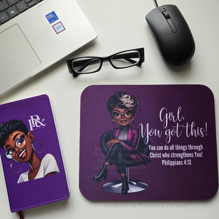The Original Girl You Got This™ inspirational mousepad for women featuring a business professional woman seated in a chair with Philippians 4:13.