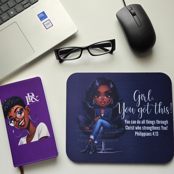 The Original Girl You Got This™ inspirational mousepad for women featuring a business professional woman seated in a chair with Philippians 4:13.