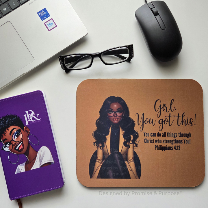 The Original Girl You Got This™ inspirational mousepad for women featuring a business professional woman seated in a chair with Philippians 4:13.
