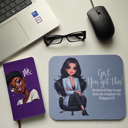 The Original Girl You Got This™ inspirational mousepad for women featuring a business professional woman seated in a chair with Philippians 4:13.