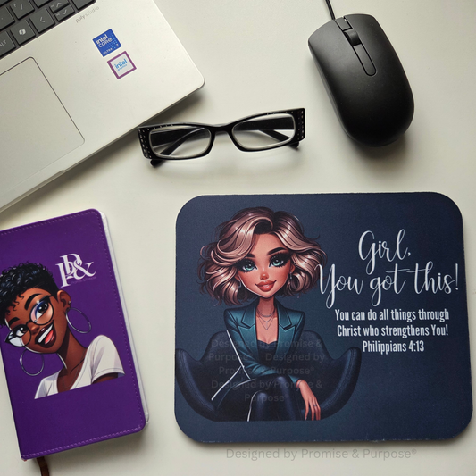 The Original Girl You Got This™ inspirational mousepad for women featuring a business professional woman seated in a chair with Philippians 4:13.