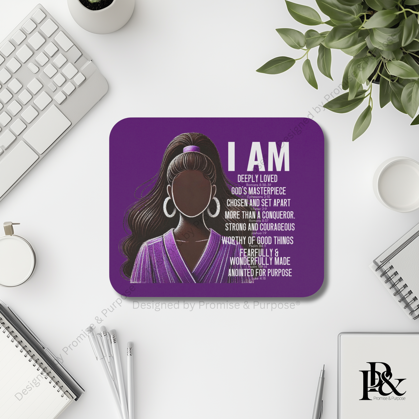 I Am Scripture Affirmation mousepad for aesthetic desk setup with faith inspired design