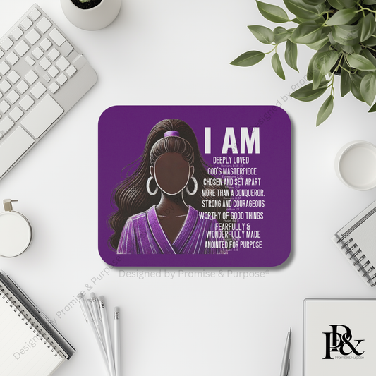 I Am Scripture Affirmation mousepad for aesthetic desk setup with faith inspired design