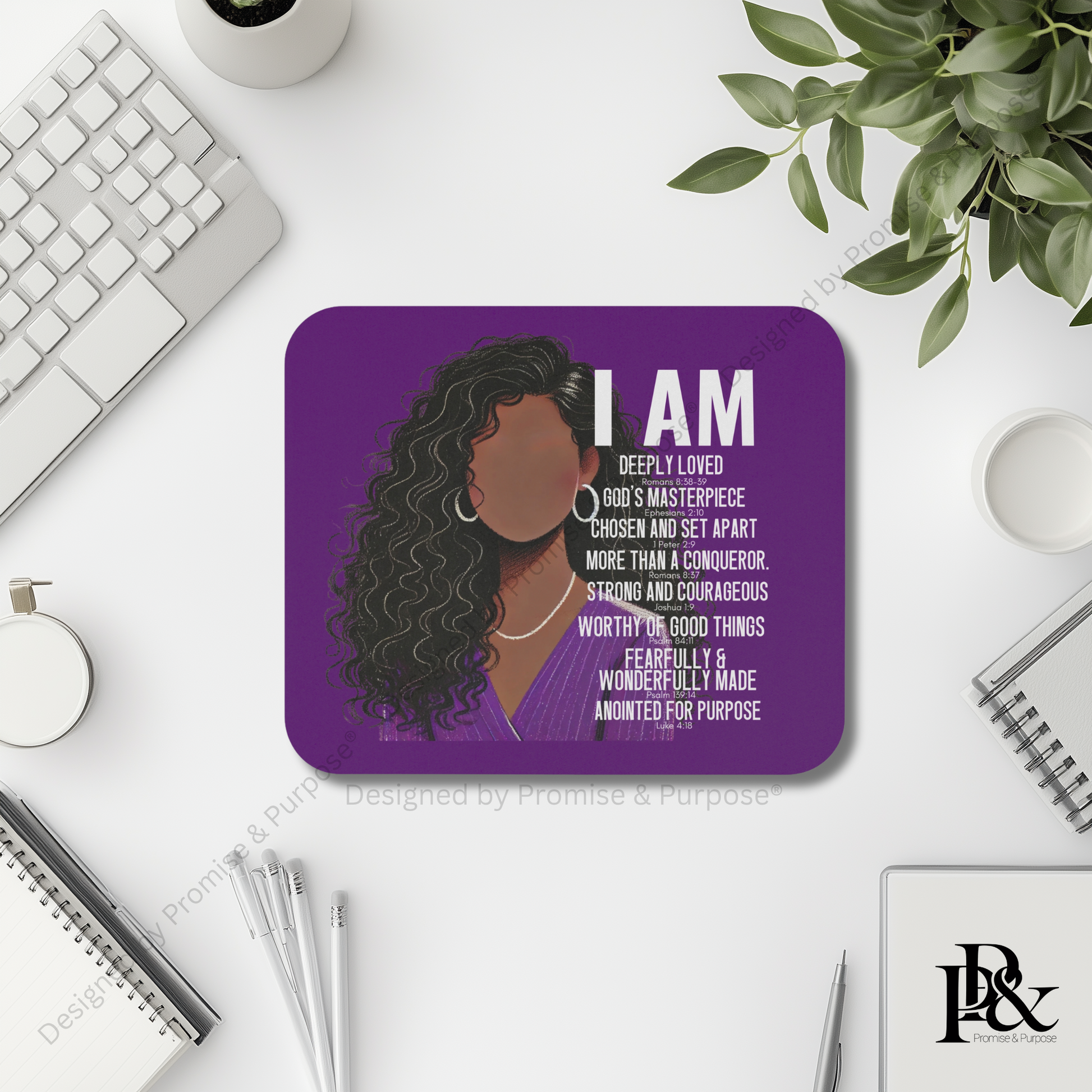 I Am Scripture Affirmation mousepad for faith office workspace and clean desk aesthetic